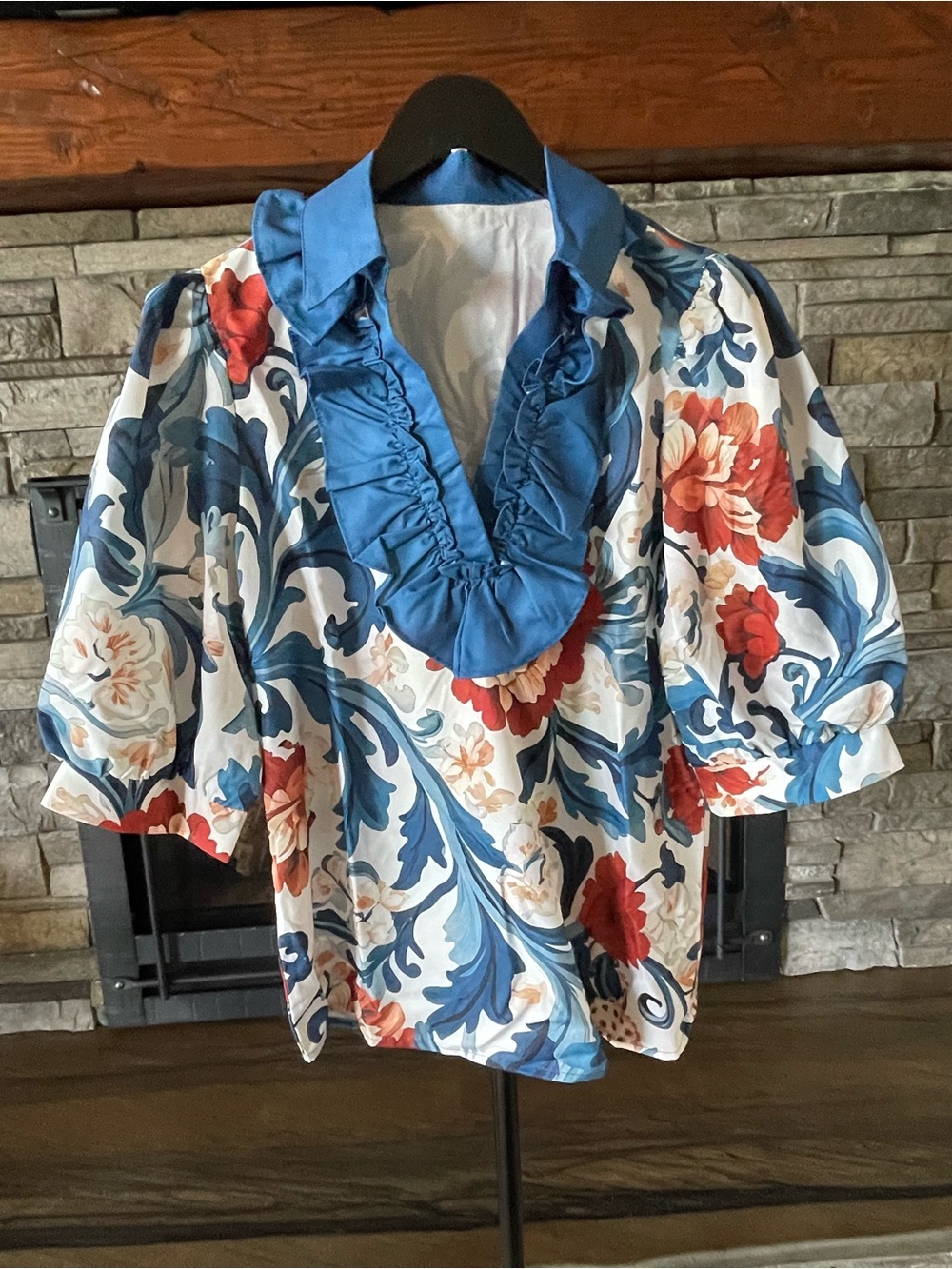 Floral Ruffle V-Neck Women’s Top in Blue and Red
